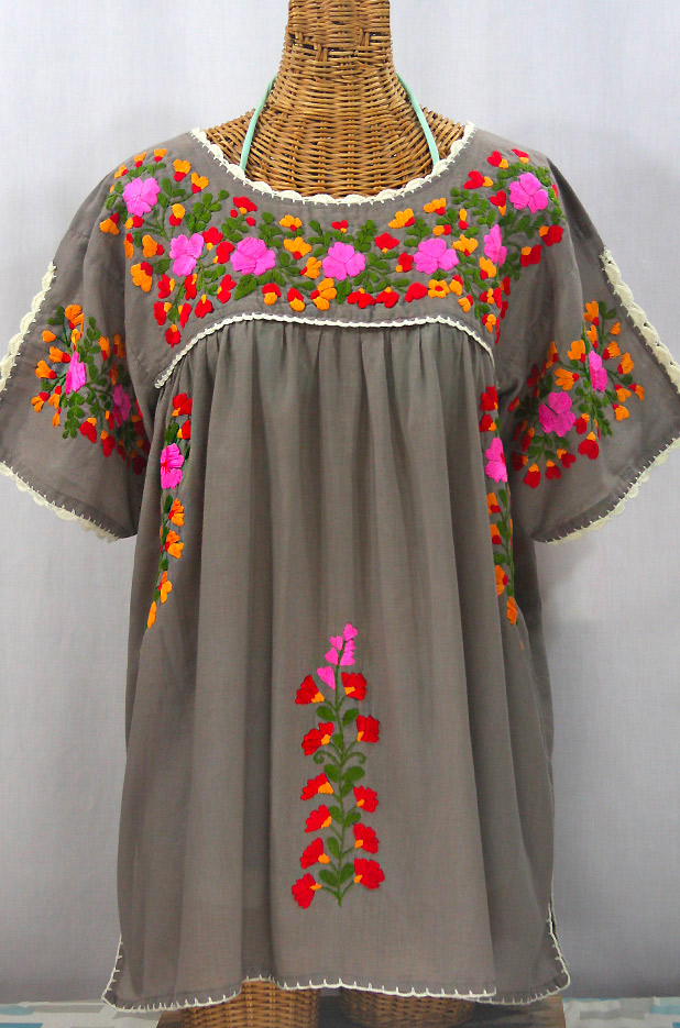 "Lijera Libre" Plus Size Embroidered Mexican Blouse - Taupe + Brignt Mix Embroidery