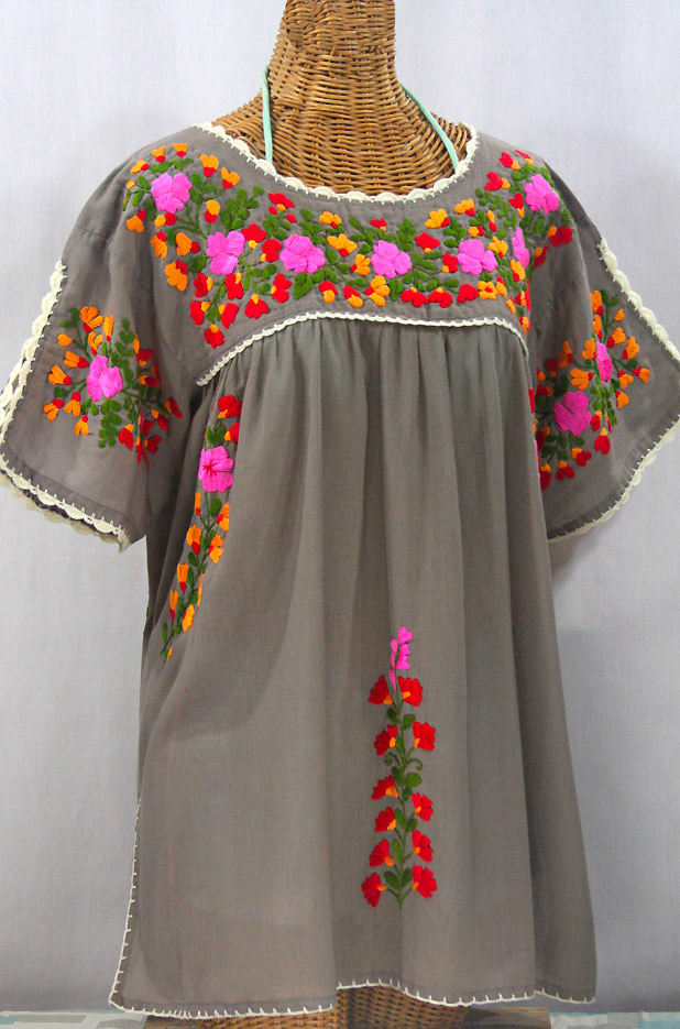 "Lijera Libre" Plus Size Embroidered Mexican Blouse - Taupe + Brignt Mix Embroidery