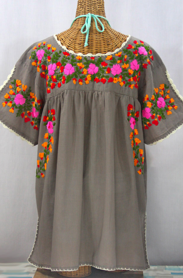 "Lijera Libre" Plus Size Embroidered Mexican Blouse - Taupe + Brignt Mix Embroidery
