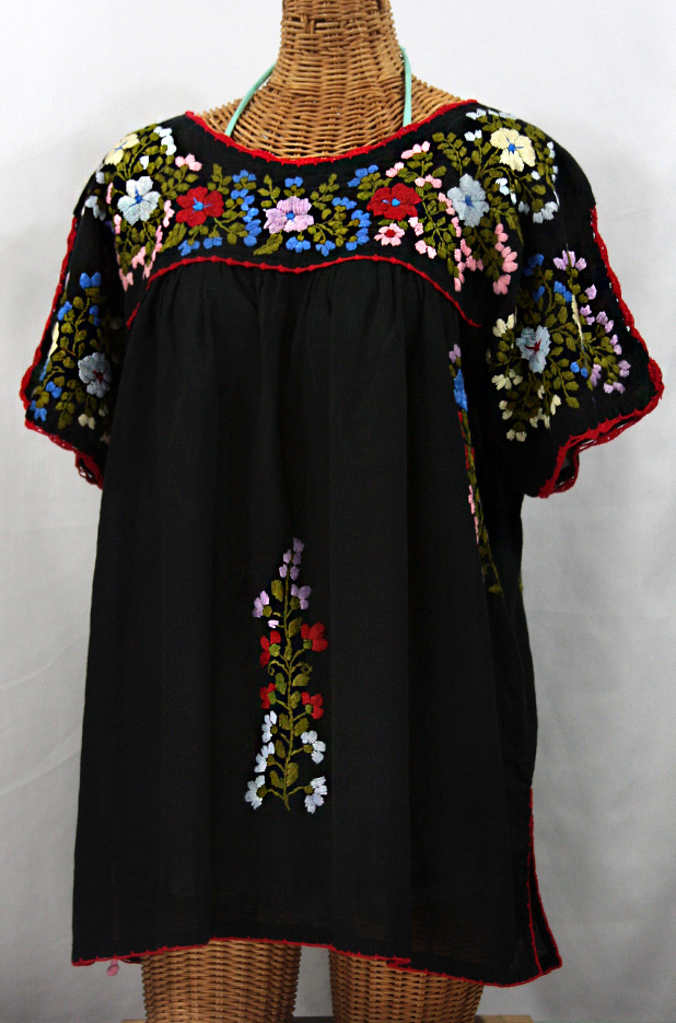 "Lijera Libre" Plus Size Embroidered Mexican Blouse -Black + Multi