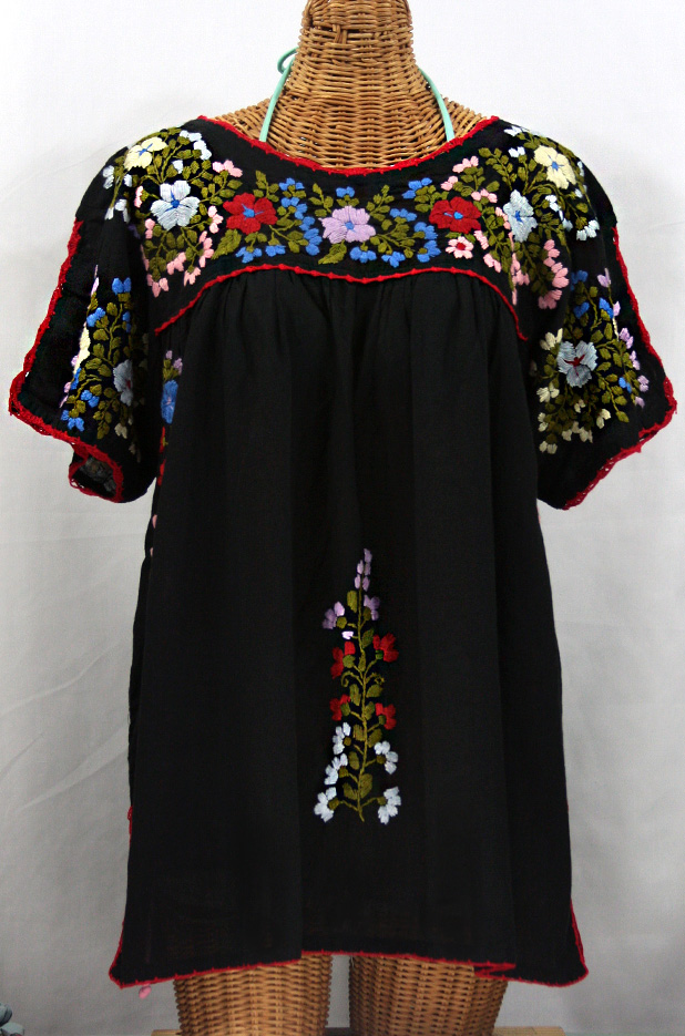 "Lijera Libre" Plus Size Embroidered Mexican Blouse -Black + Multi