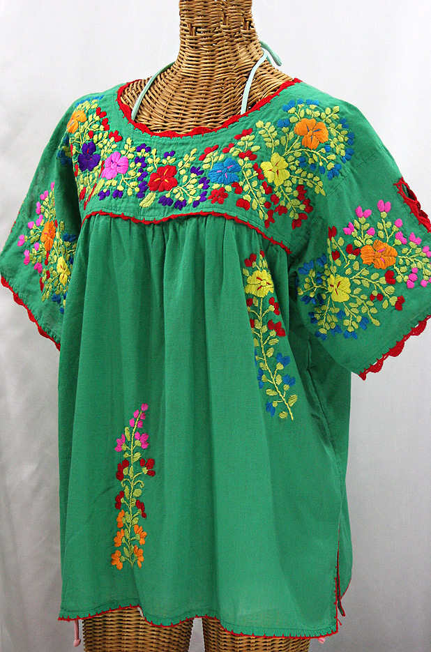 "Lijera Libre" Plus Size Mexican Blouse -Green + Spring Multi