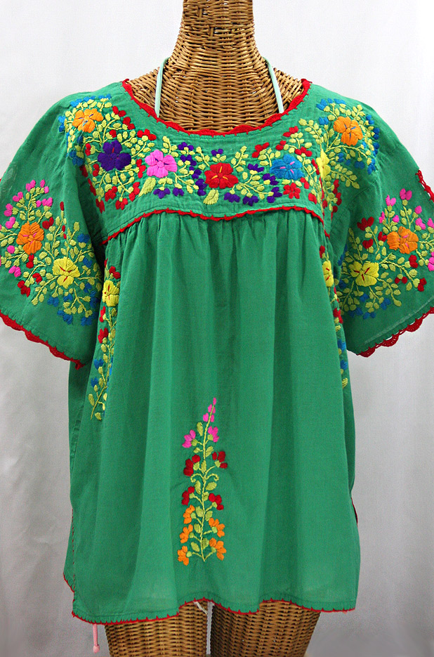 "Lijera Libre" Plus Size Mexican Blouse -Green + Spring Multi