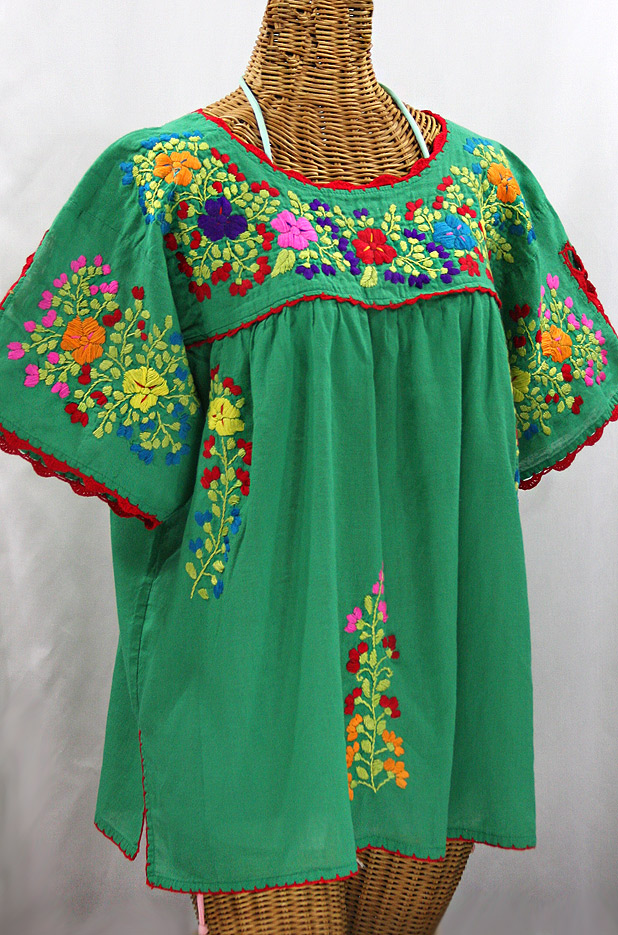 "Lijera Libre" Plus Size Mexican Blouse -Green + Spring Multi