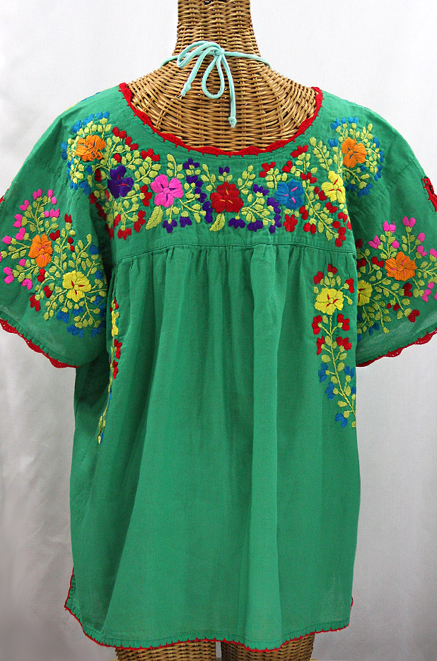 "Lijera Libre" Plus Size Mexican Blouse -Green + Spring Multi