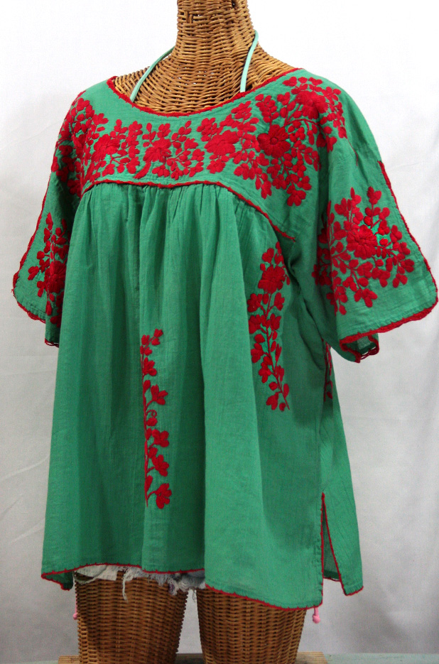 "Lijera Libre" Plus Size Embroidered Mexican Blouse -Green + Red