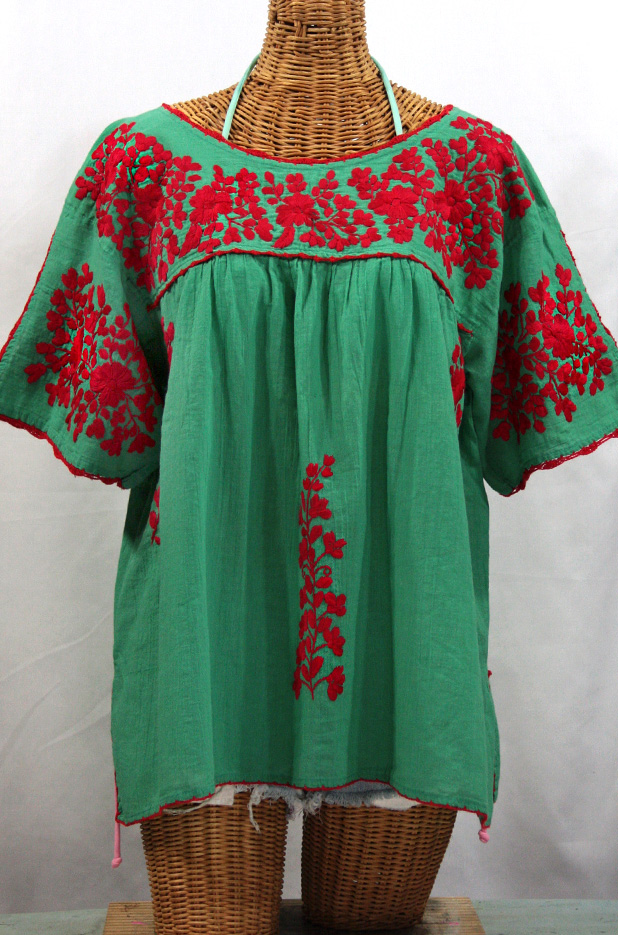 "Lijera Libre" Plus Size Embroidered Mexican Blouse -Green + Red