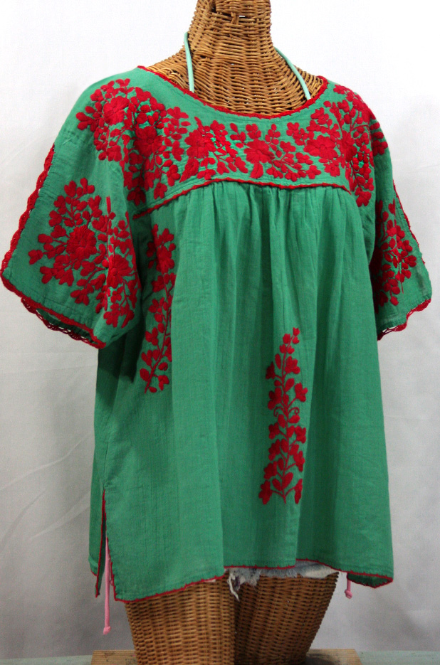 "Lijera Libre" Plus Size Embroidered Mexican Blouse -Green + Red