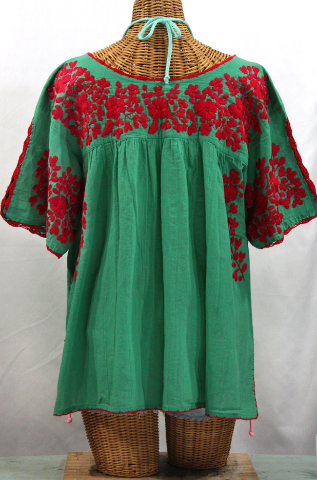 "Lijera Libre" Plus Size Embroidered Mexican Blouse -Green + Red