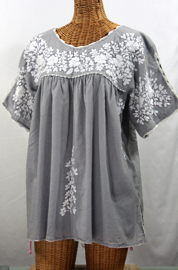 "Lijera Libre" Plus Size Embroidered Mexican Blouse -Grey + White