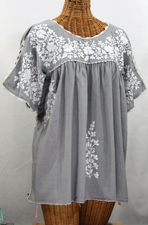 "Lijera Libre" Plus Size Embroidered Mexican Blouse -Grey + White