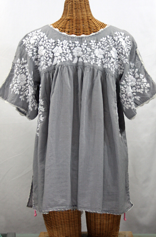 "Lijera Libre" Plus Size Embroidered Mexican Blouse -Grey + White