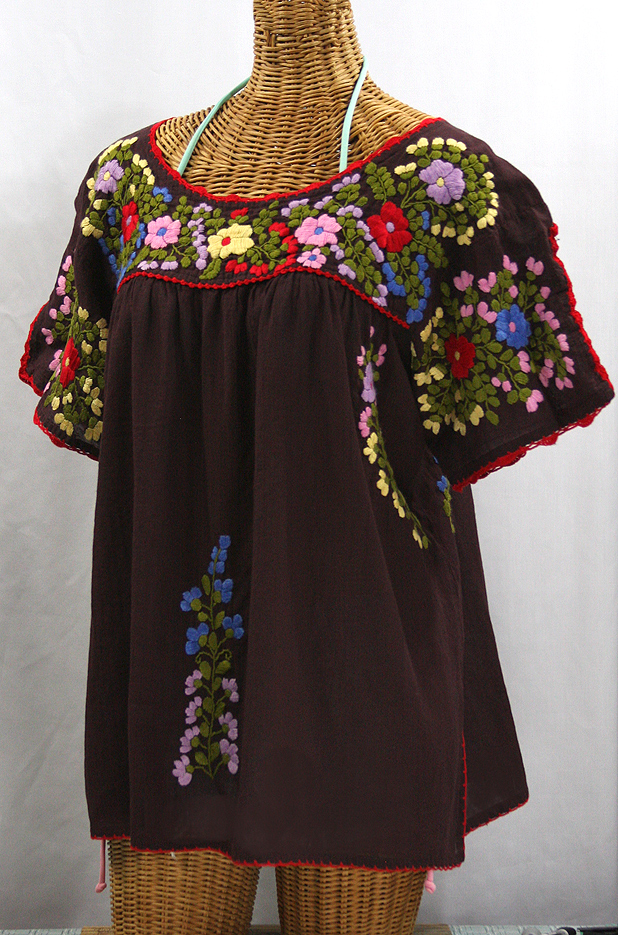 "Lijera Libre" Plus Size Embroidered Peasant Top -Brown + Red Trim