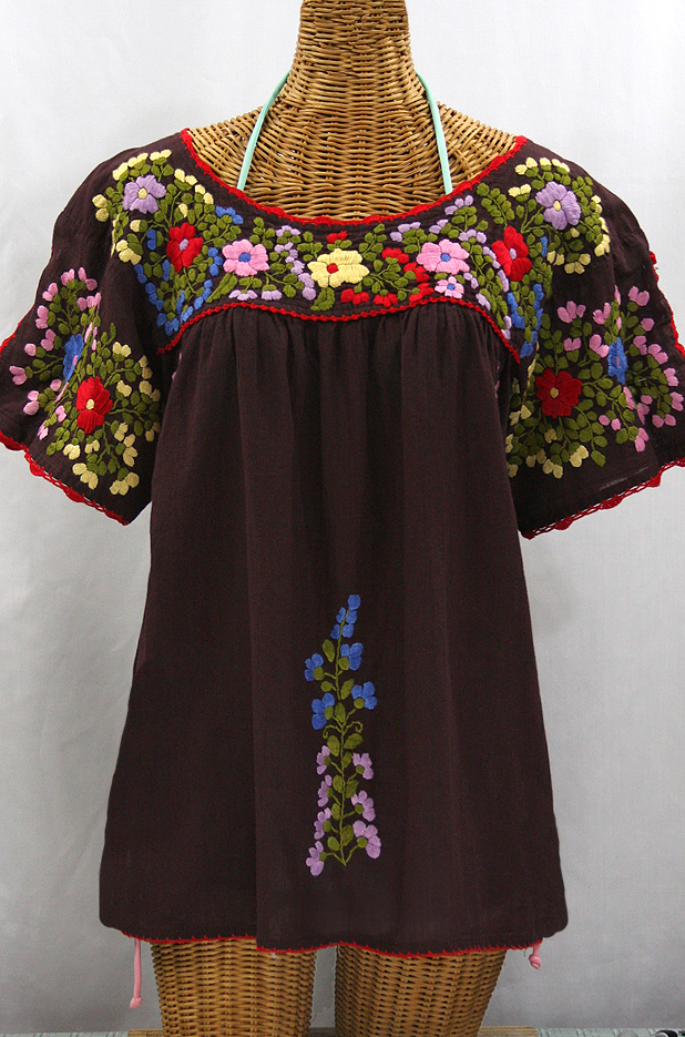 "Lijera Libre" Plus Size Embroidered Peasant Top -Brown + Red Trim