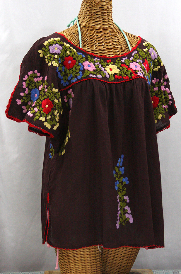 "Lijera Libre" Plus Size Embroidered Peasant Top -Brown + Red Trim