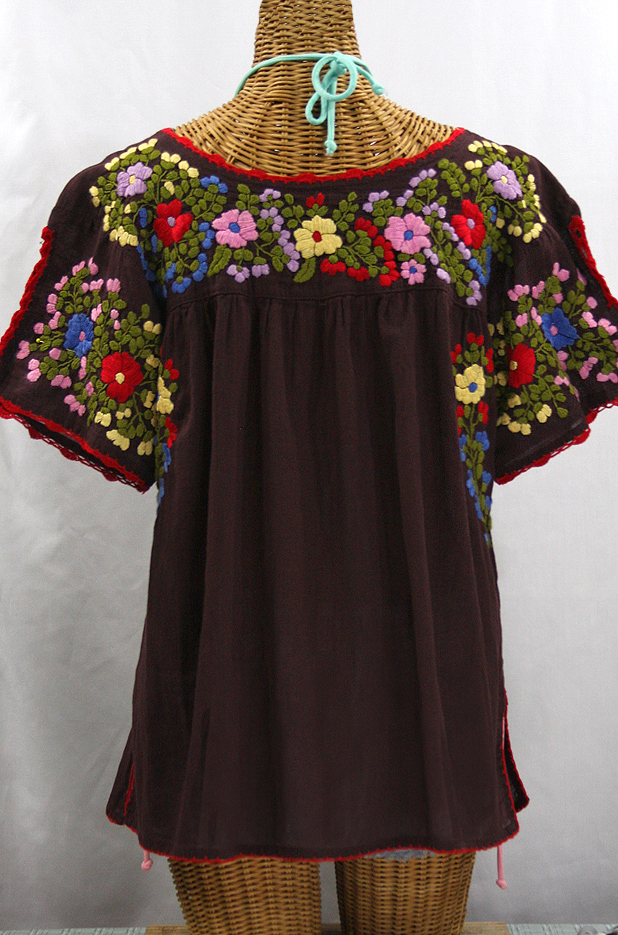 "Lijera Libre" Plus Size Embroidered Peasant Top -Brown + Red Trim