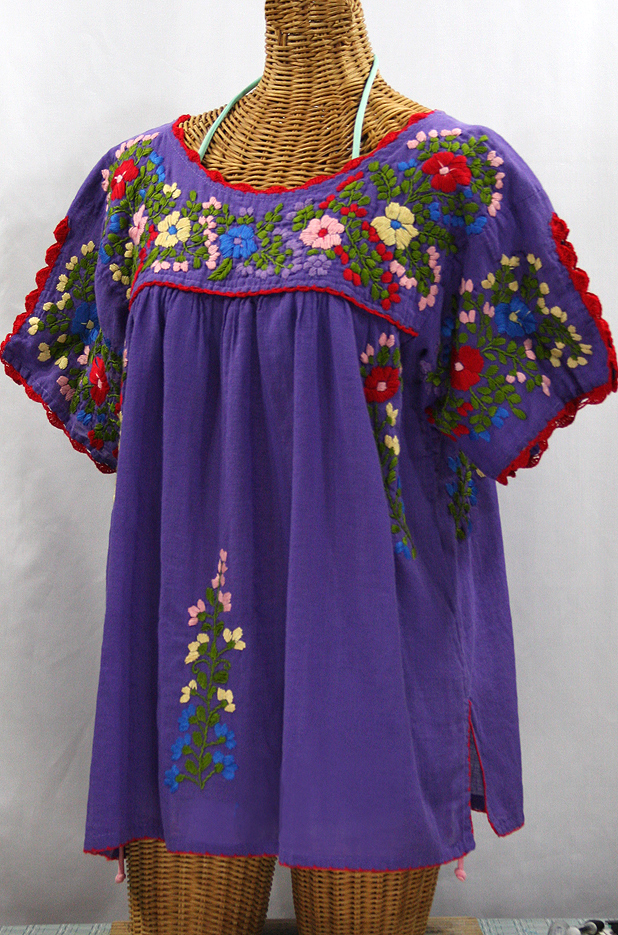 "Lijera Libre" Plus Size Embroidered Peasant Top -Purple + Red Trim