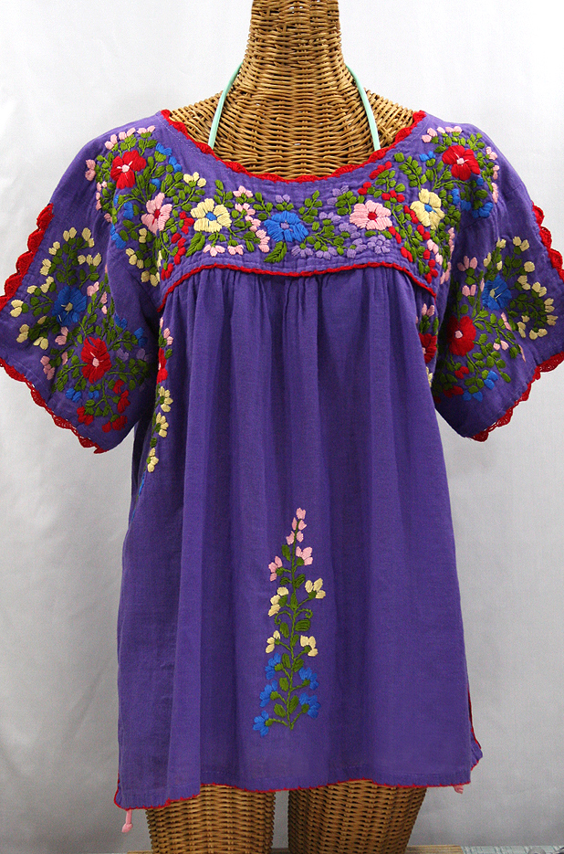 "Lijera Libre" Plus Size Embroidered Peasant Top -Purple + Red Trim