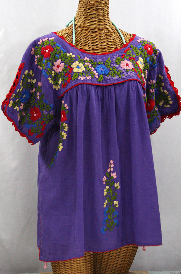 "Lijera Libre" Plus Size Embroidered Peasant Top -Purple + Red Trim