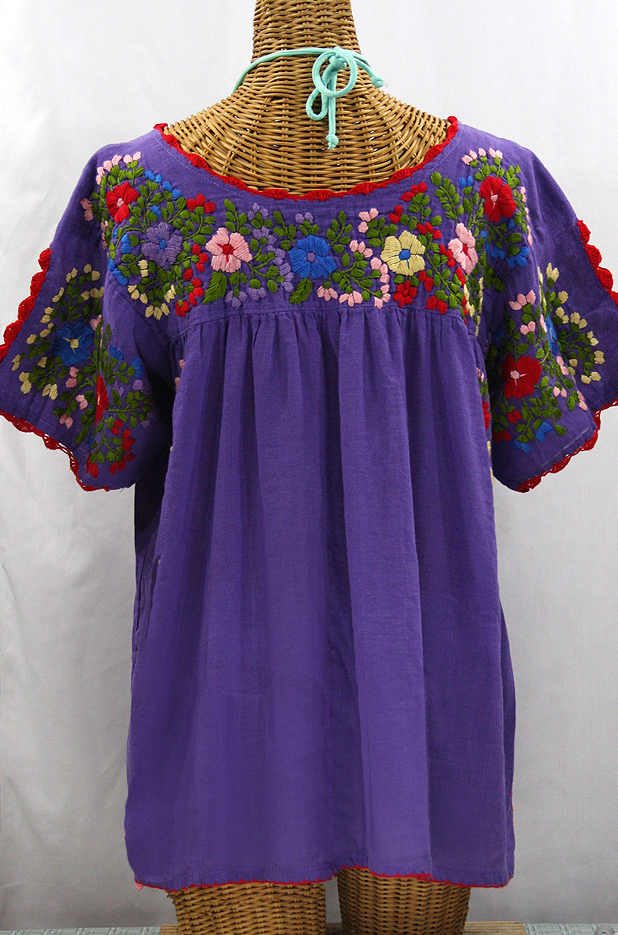 "Lijera Libre" Plus Size Embroidered Peasant Top -Purple + Red Trim