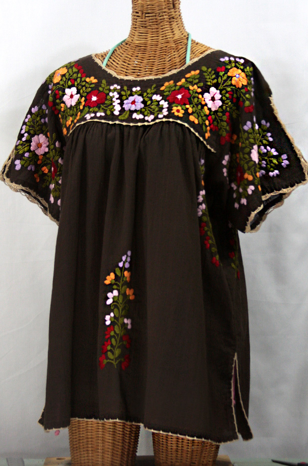 "Lijera Libre" Plus Size Embroidered Mexican Peasant Top -Brown