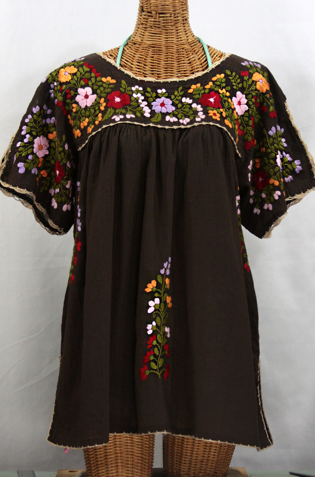 "Lijera Libre" Plus Size Embroidered Mexican Peasant Top -Brown