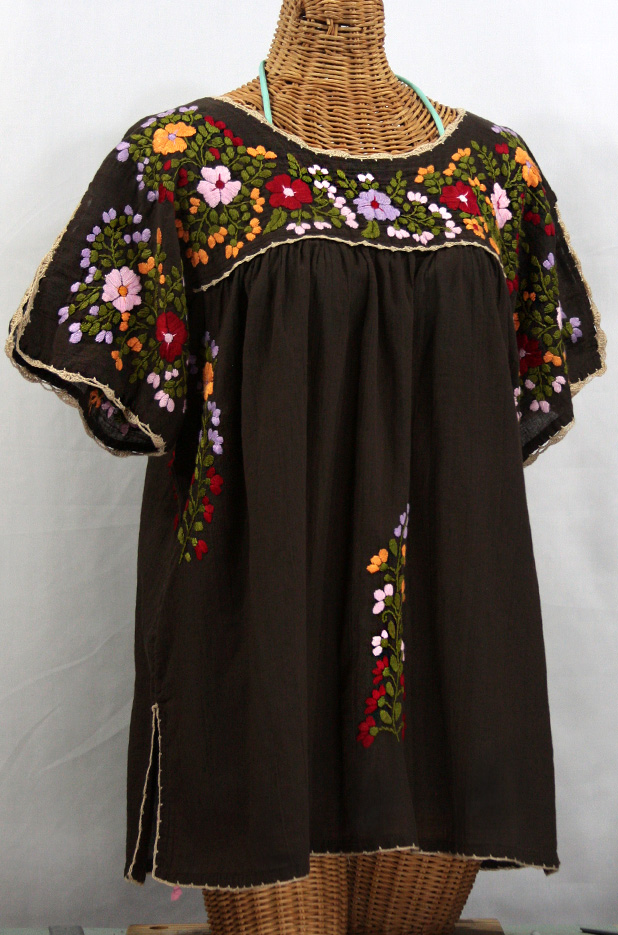 "Lijera Libre" Plus Size Embroidered Mexican Peasant Top -Brown