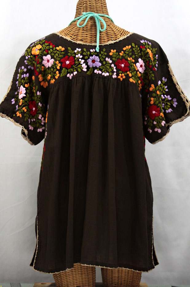 "Lijera Libre" Plus Size Embroidered Mexican Peasant Top -Brown