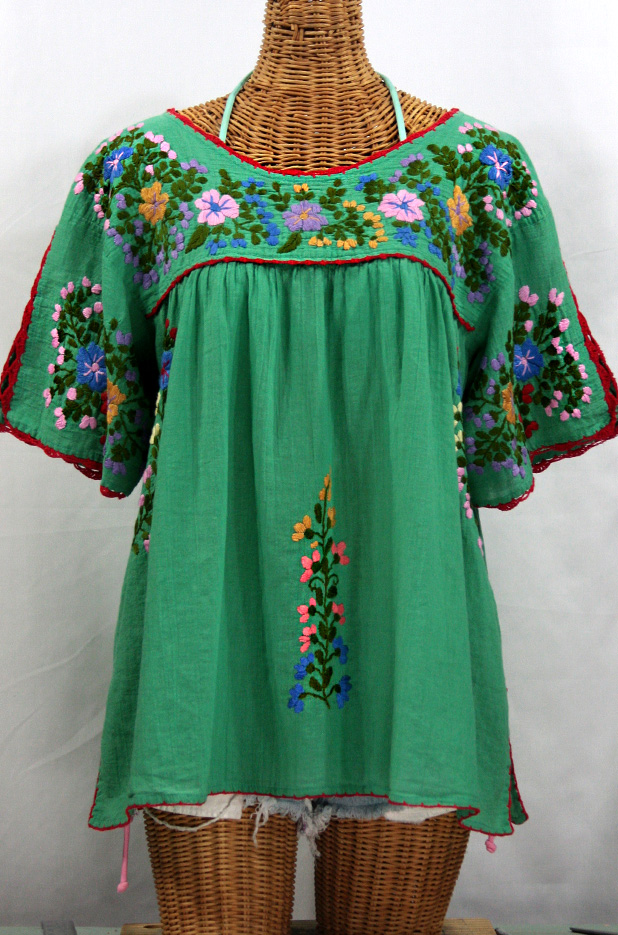 "Lijera Libre" Plus Size Mexican Embroidered Peasant Top -Green