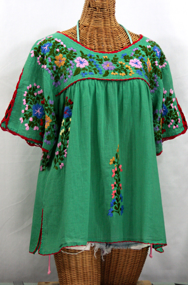 "Lijera Libre" Plus Size Mexican Embroidered Peasant Top -Green