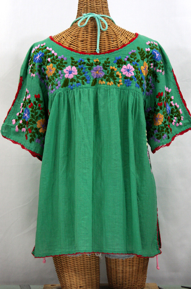 "Lijera Libre" Plus Size Mexican Embroidered Peasant Top -Green