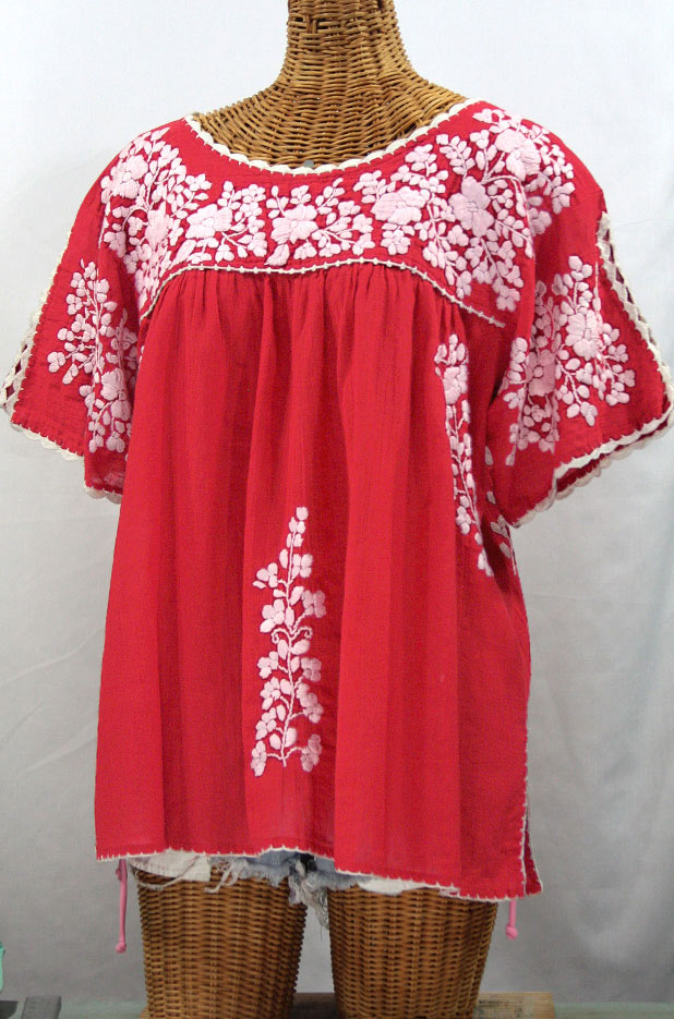 "Lijera Libre" Plus Size Embroidered Mexican Blouse -Tomato Red + White