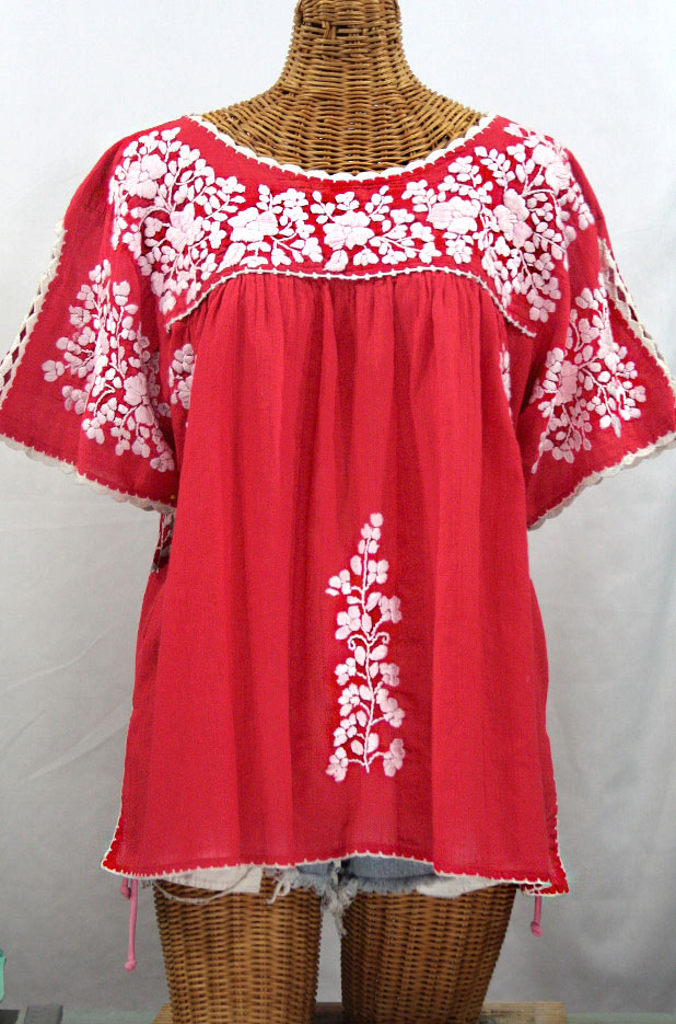 "Lijera Libre" Plus Size Embroidered Mexican Blouse -Tomato Red + White