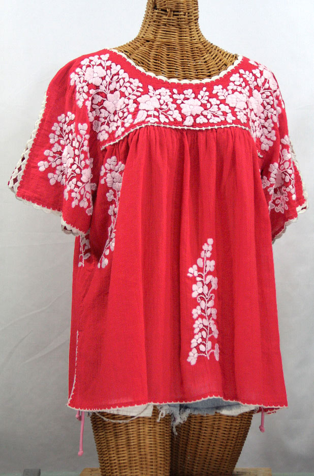 "Lijera Libre" Plus Size Embroidered Mexican Blouse -Tomato Red + White