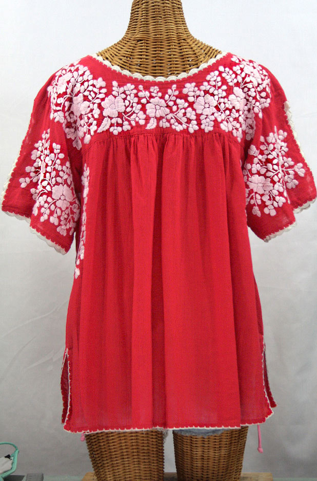 "Lijera Libre" Plus Size Embroidered Mexican Blouse -Tomato Red + White