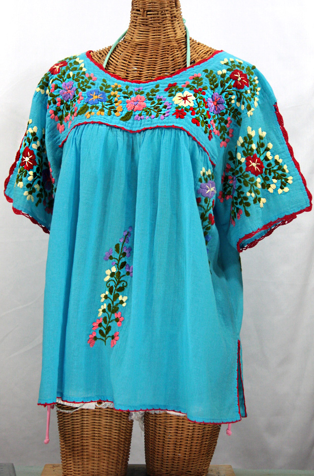 "Lijera Libre" Plus Size Embroidered Mexican Blouse -Aqua