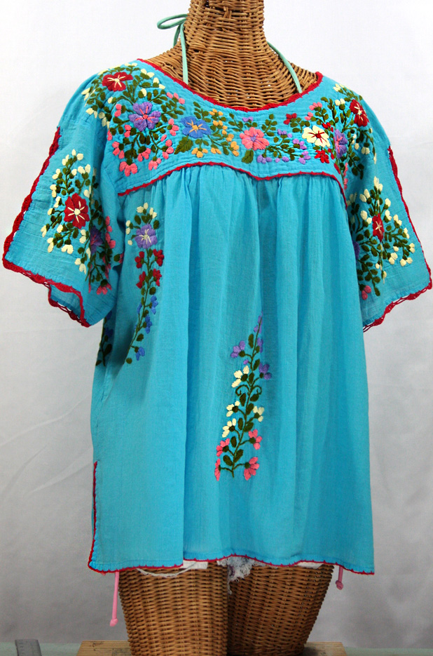 "Lijera Libre" Plus Size Embroidered Mexican Blouse -Aqua