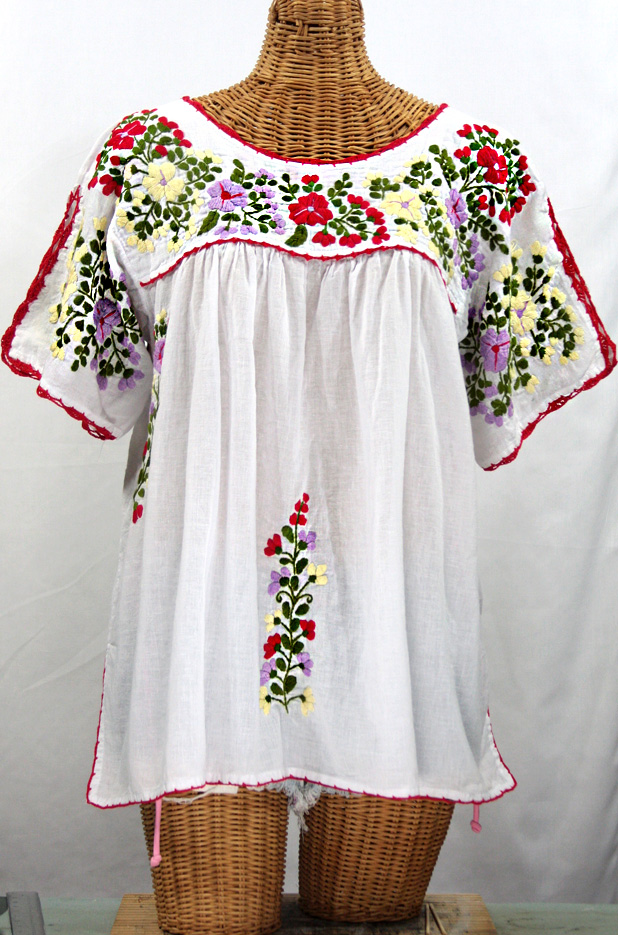 "Lijera Libre" Plus Size Embroidered Mexican Blouse -White + Multi