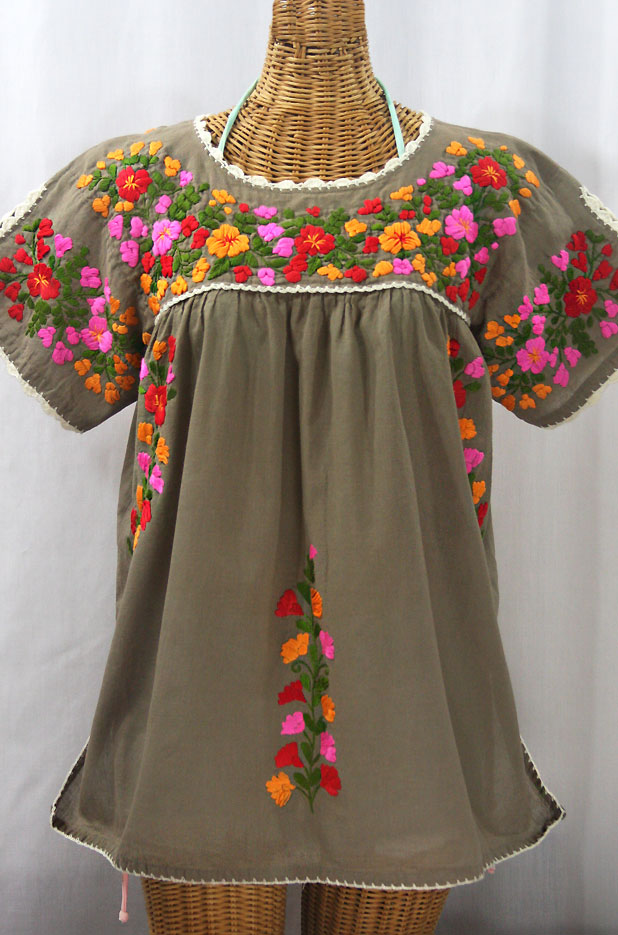 "Lijera Libre" Plus Size Embroidered Mexican Blouse - Khaki + Bright Multi