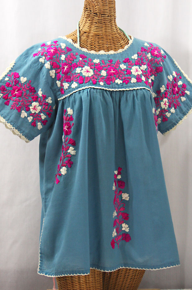 "Lijera Libre" Plus Size Embroidered Mexican Blouse - Pool + Bright Pink Mix