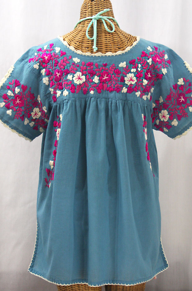 "Lijera Libre" Plus Size Embroidered Mexican Blouse - Pool + Bright Pink Mix