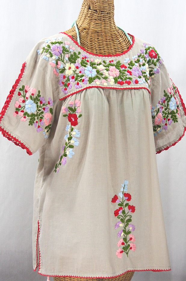 "Lijera Libre" Plus Size Embroidered Mexican Blouse - Greige + Multi