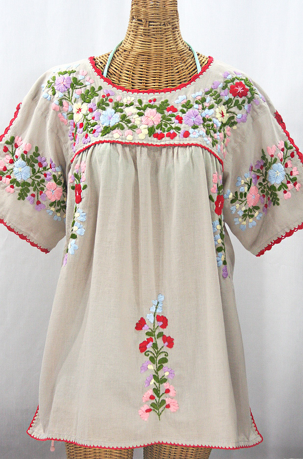 "Lijera Libre" Plus Size Embroidered Mexican Blouse - Greige + Multi