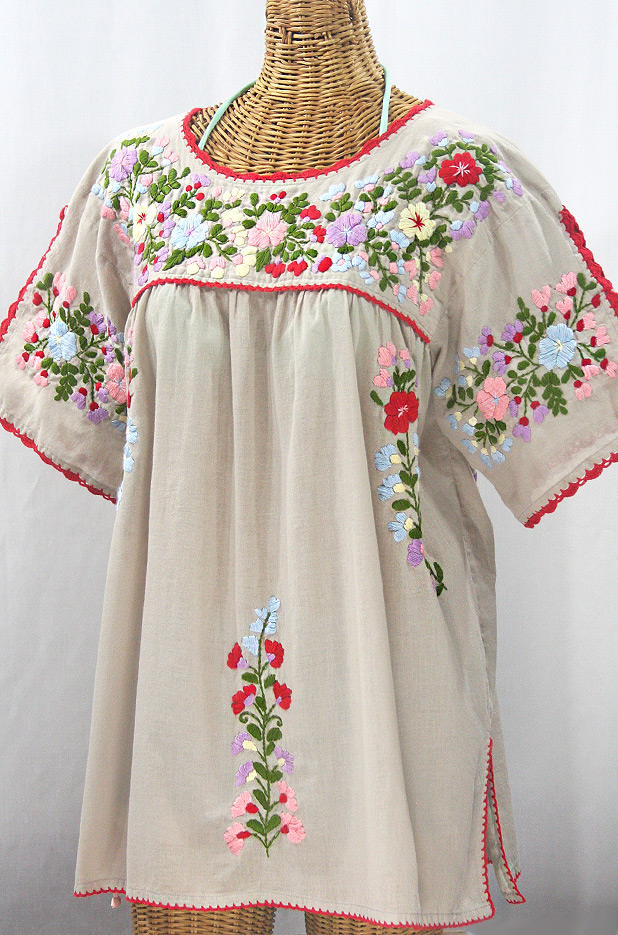 "Lijera Libre" Plus Size Embroidered Mexican Blouse - Greige + Multi