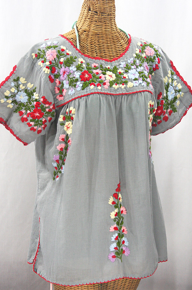 "Lijera Libre" Plus Size Embroidered Peasant Top -Grey + Red Trim