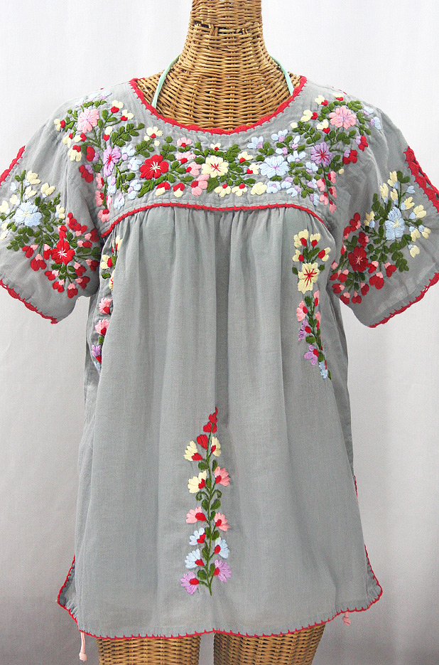 "Lijera Libre" Plus Size Embroidered Peasant Top -Grey + Red Trim