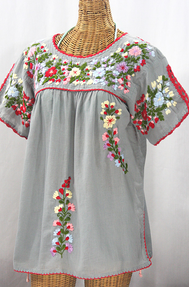 "Lijera Libre" Plus Size Embroidered Peasant Top -Grey + Red Trim