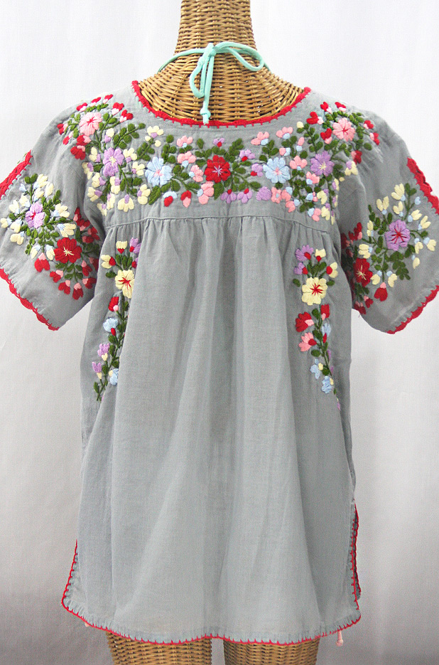 "Lijera Libre" Plus Size Embroidered Peasant Top -Grey + Red Trim