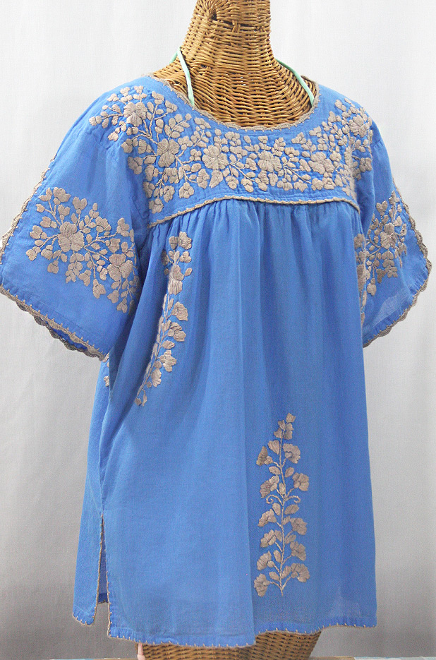 "Lijera Libre" Plus Size Embroidered Mexican Blouse - Light Blue + Cocoa