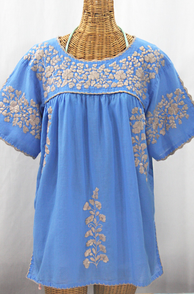 "Lijera Libre" Plus Size Embroidered Mexican Blouse - Light Blue + Cocoa